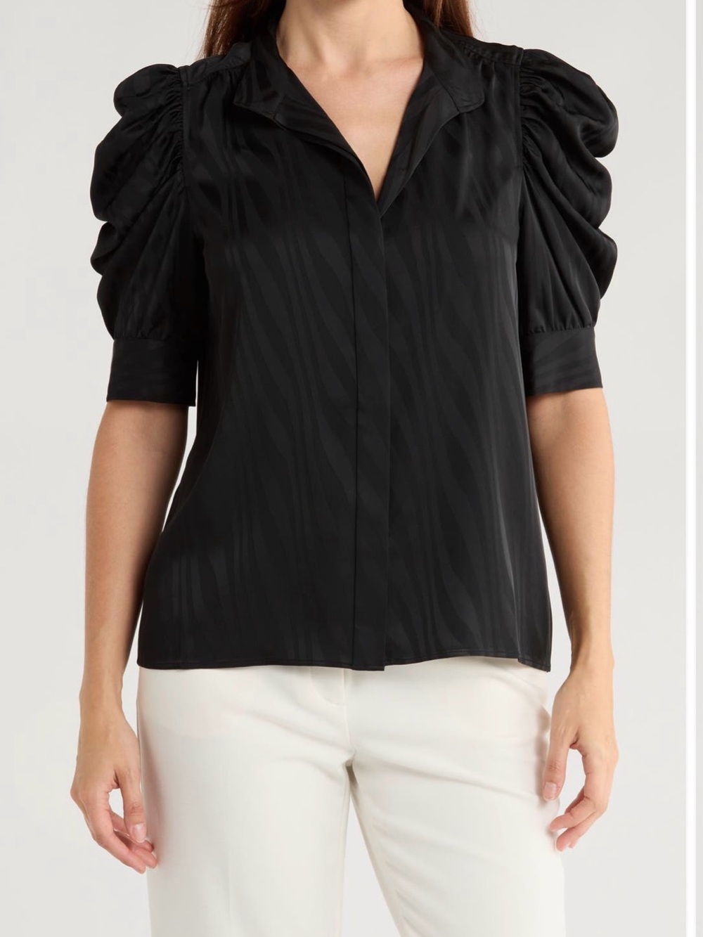 FRAME Silk Blend Puff Sleeve Blouse Black Textured Button Front Size S NWT